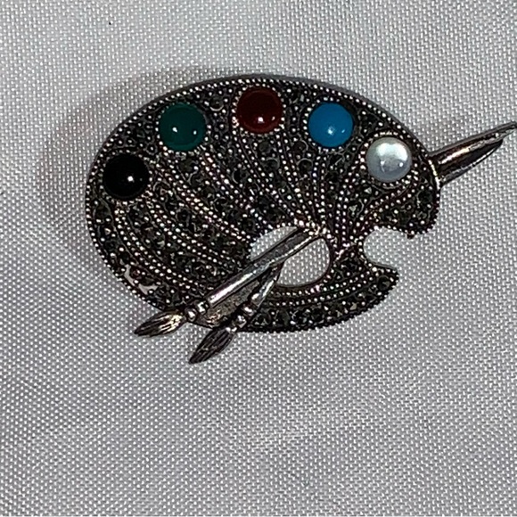 vintage 925 STERLING artist palette SEMI PRECIOUS paint CABOCHONS marcasite - Picture 5 of 15